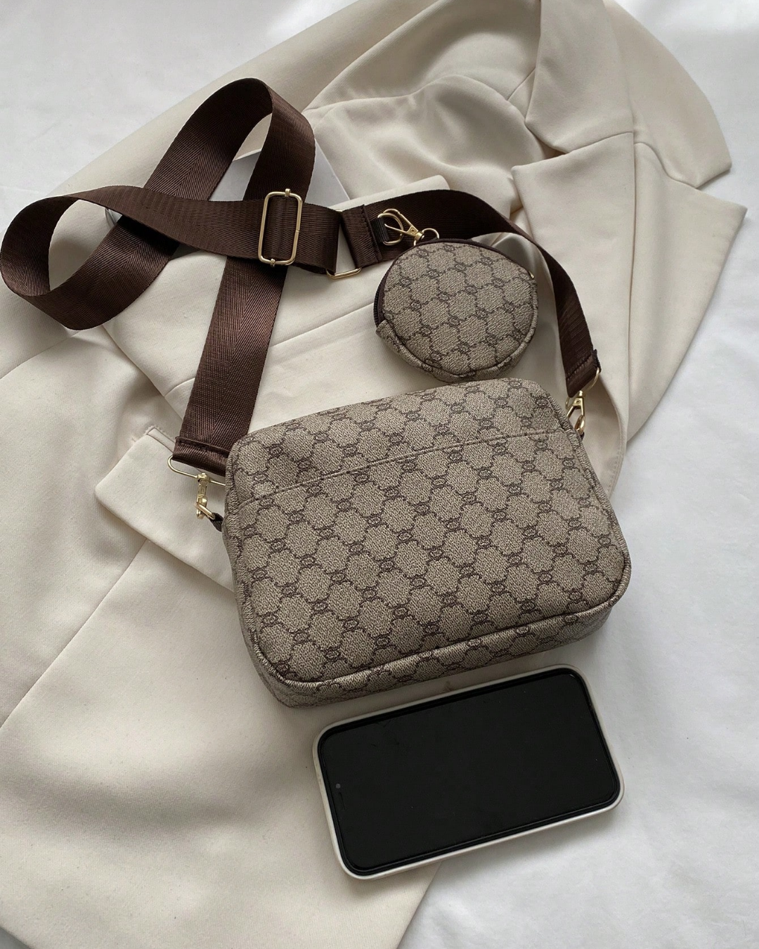 SHEIN Vintage Pattern Square Bag, Classic Women's Crossbody Bag With Pendant
