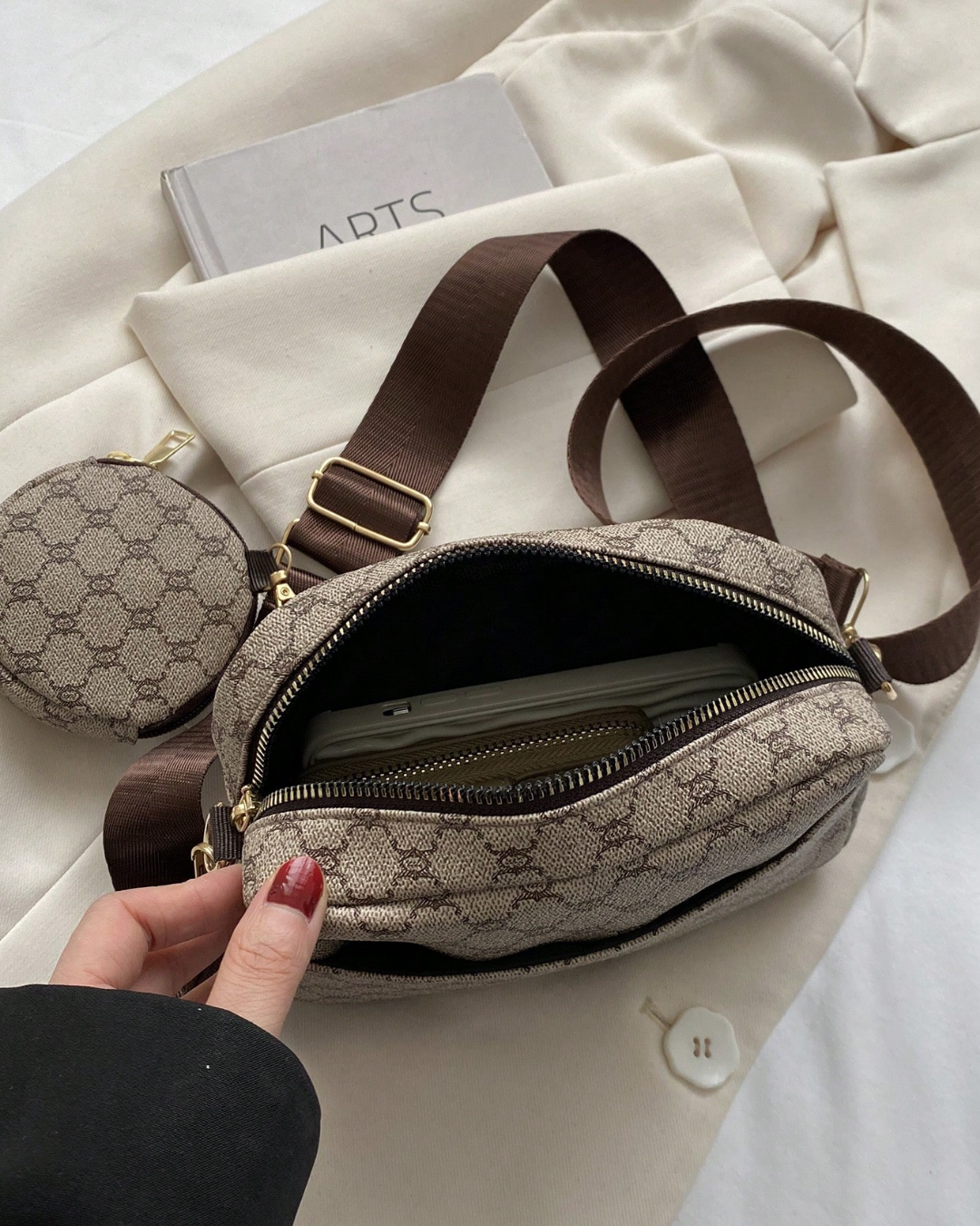 SHEIN Vintage Pattern Square Bag, Classic Women's Crossbody Bag With Pendant