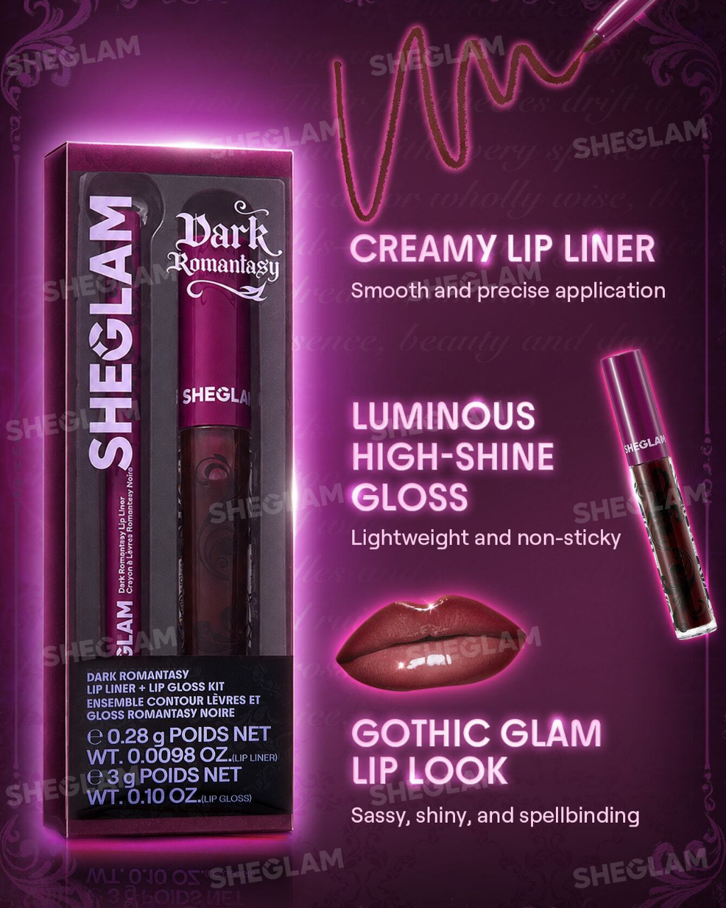 SHEGLAM Dark Romantasy Lip Liner + Lip Gloss Kit