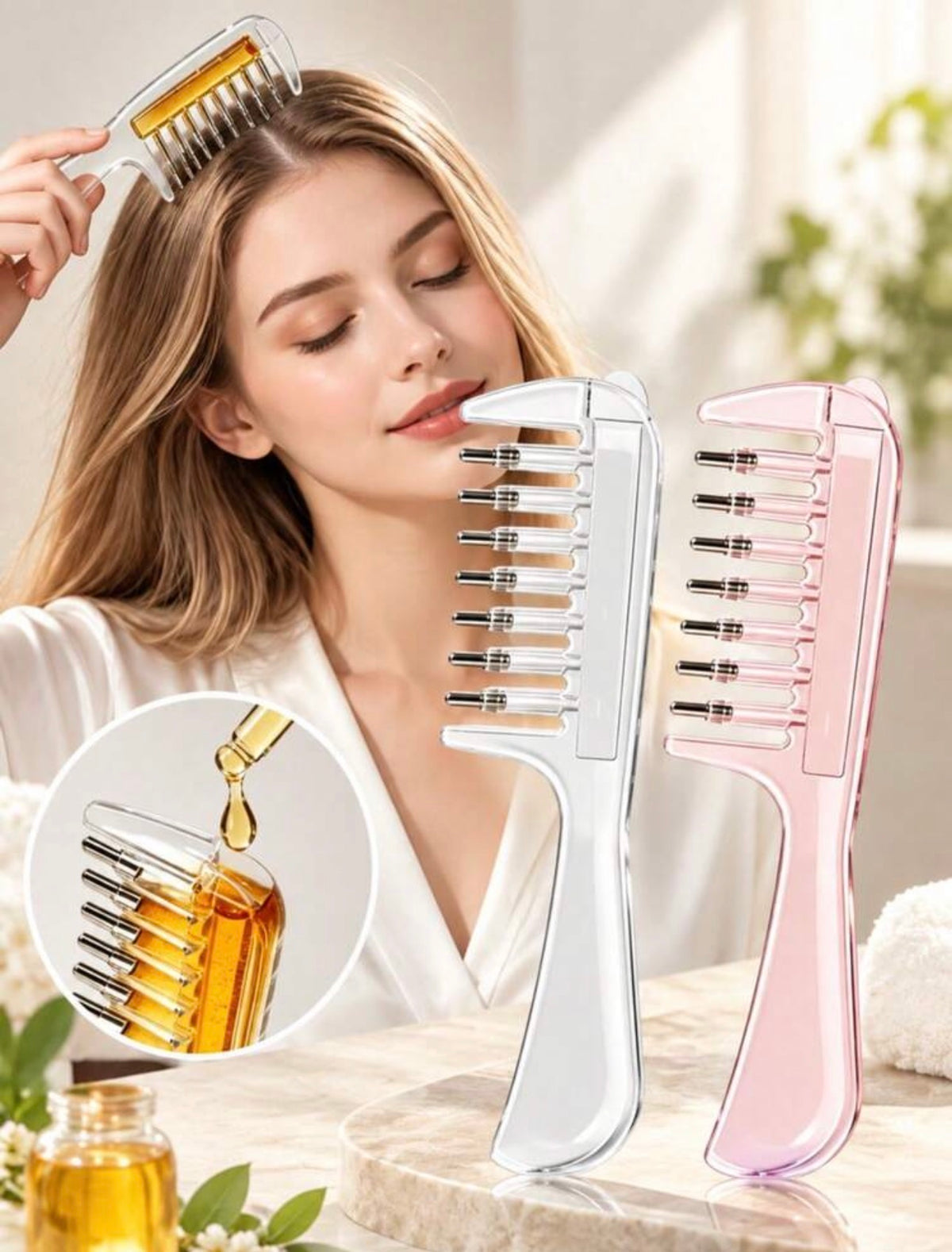 Transparent Scalp Hair Oil Applicator Comb, Visible Liquid Reservoir + Roller Metal Teeth Liquid Dispensing Comb, Suitable For Hair And Beard Care.