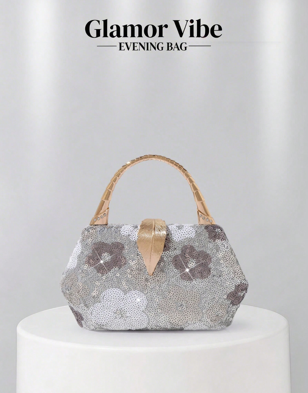SHEIN Glamor Vibe Silver-Grey Floral Sequin Evening Clutch, Luxury Gold Leaf Clasp Handbag With Crossbody Strap,