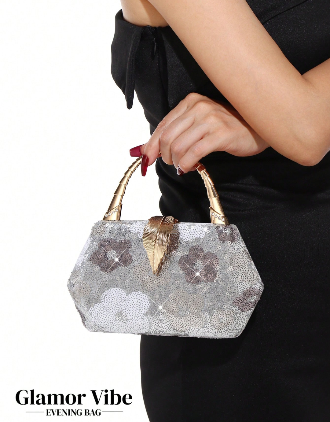 SHEIN Glamor Vibe Silver-Grey Floral Sequin Evening Clutch, Luxury Gold Leaf Clasp Handbag With Crossbody Strap,