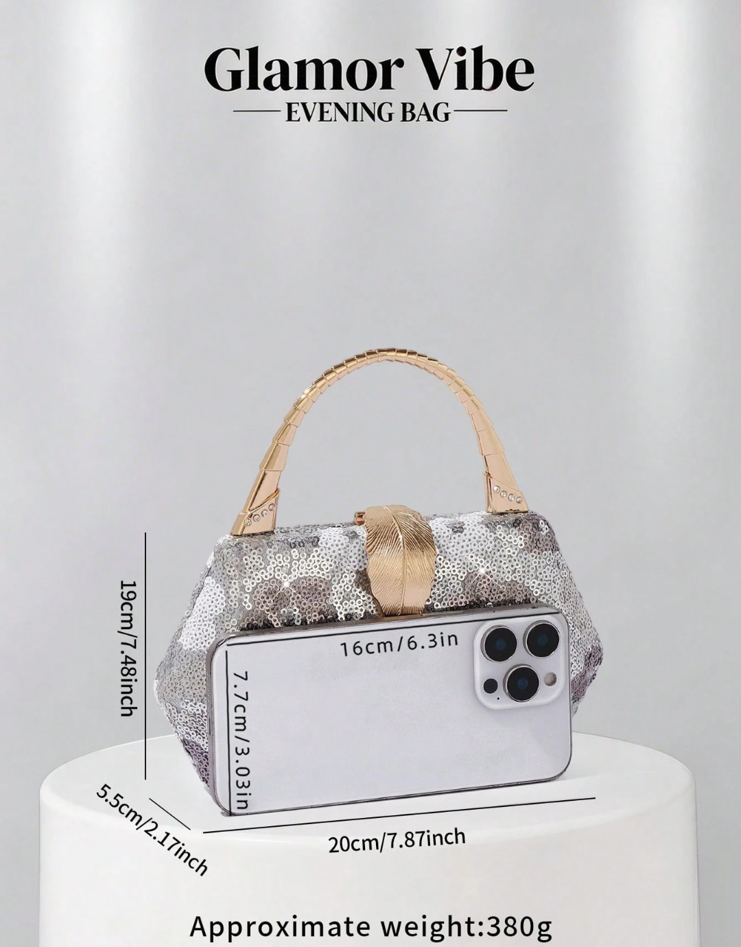 SHEIN Glamor Vibe Silver-Grey Floral Sequin Evening Clutch, Luxury Gold Leaf Clasp Handbag With Crossbody Strap,