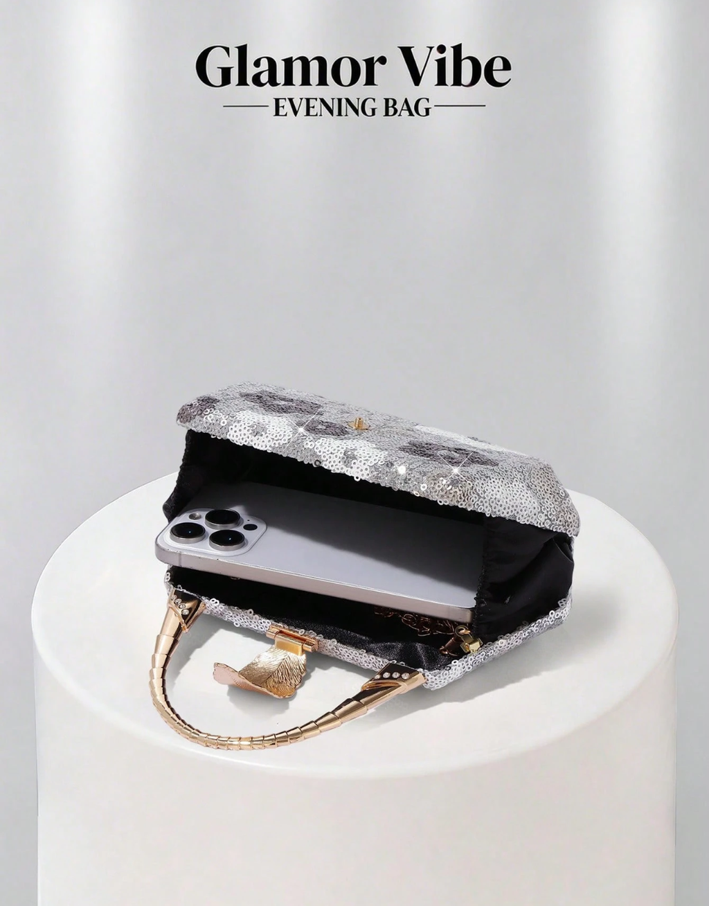 SHEIN Glamor Vibe Silver-Grey Floral Sequin Evening Clutch, Luxury Gold Leaf Clasp Handbag With Crossbody Strap,