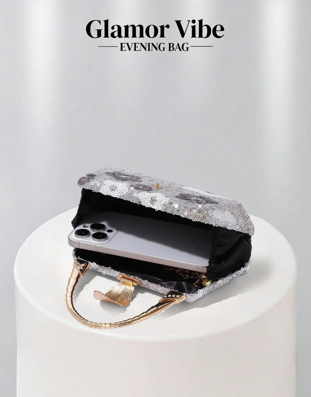SHEIN Glamor Vibe Silver-Grey Floral Sequin Evening Clutch, Luxury Gold Leaf Clasp Handbag With Crossbody Strap,
