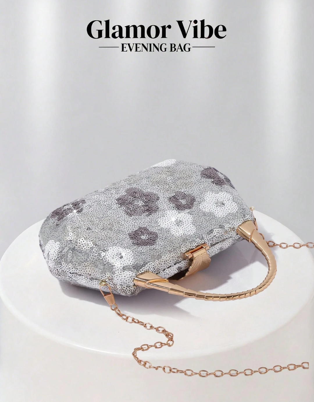 SHEIN Glamor Vibe Silver-Grey Floral Sequin Evening Clutch, Luxury Gold Leaf Clasp Handbag With Crossbody Strap,