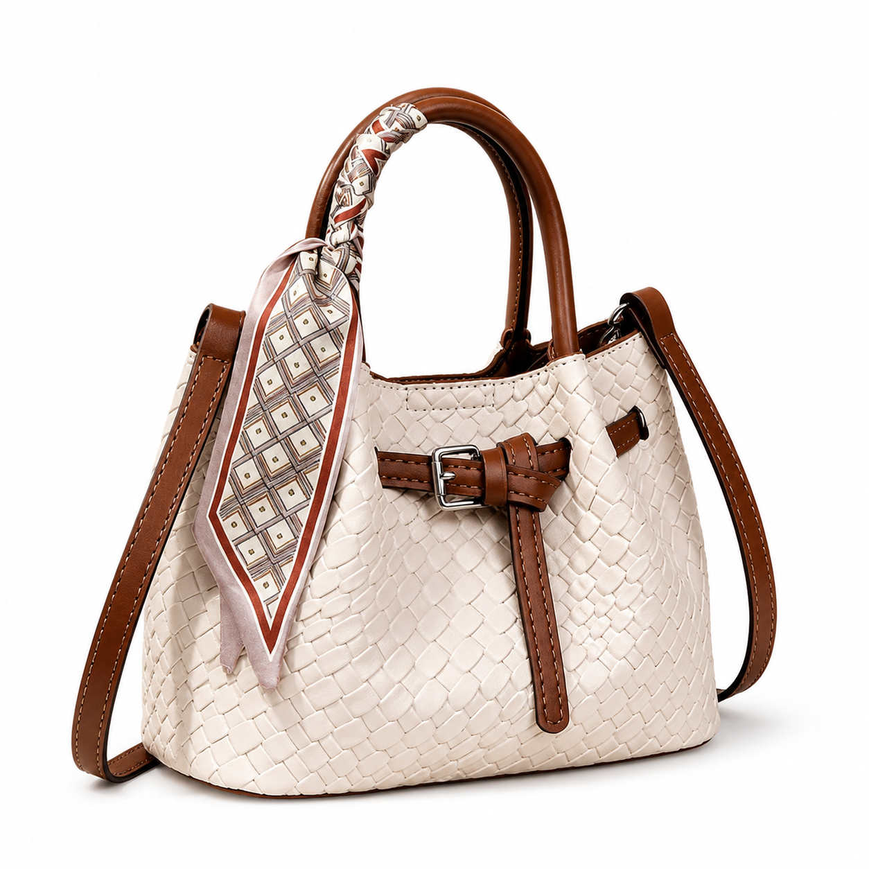 Women's Luxury New Handbag With Silk Scarf, Beige Street Fashion Elegant Crossbody Bag, Bucket Bag With Strap, Exquisite Cute Minimalist Handbag, Suitable For Outdoor Shopping, Vacation, Commuting, Office, Travel