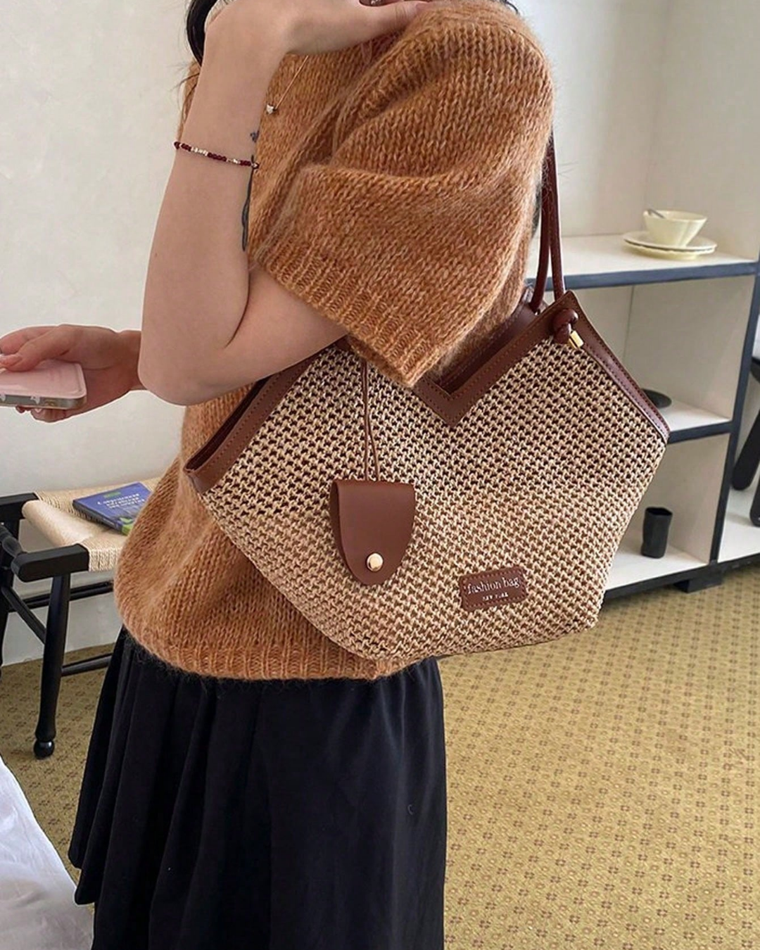 SHEIN New Fashion Versatile Colorblock Embossed Design Large Capacity Double Handle Shoulder Tote Bag