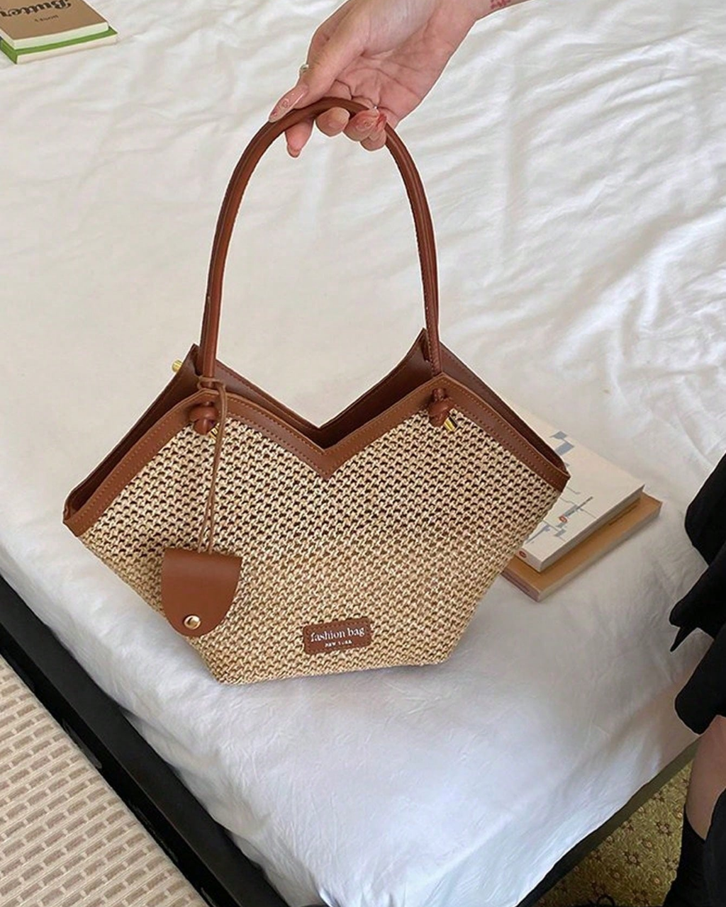 SHEIN New Fashion Versatile Colorblock Embossed Design Large Capacity Double Handle Shoulder Tote Bag