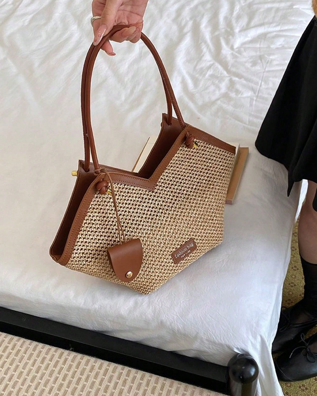 SHEIN New Fashion Versatile Colorblock Embossed Design Large Capacity Double Handle Shoulder Tote Bag