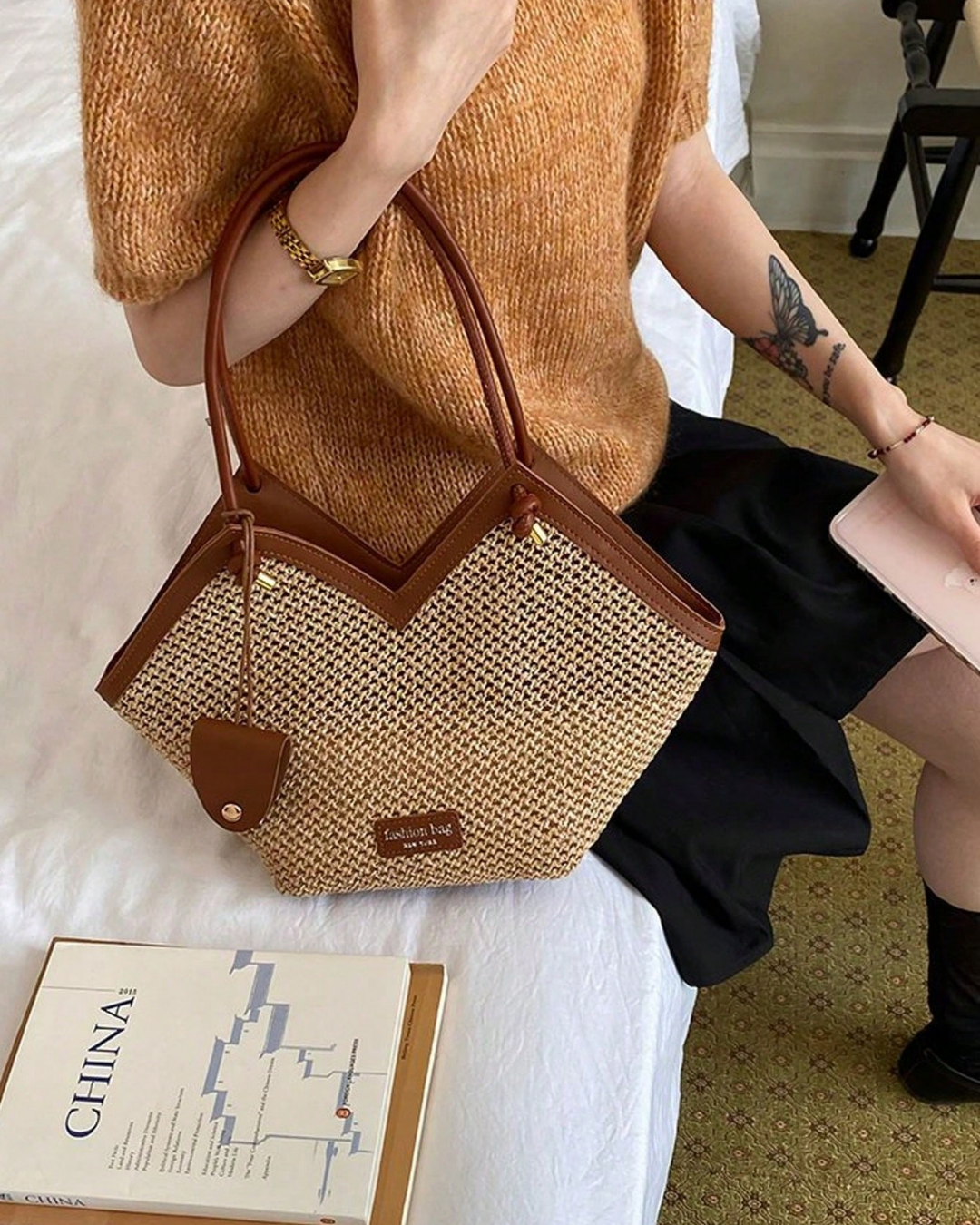 SHEIN New Fashion Versatile Colorblock Embossed Design Large Capacity Double Handle Shoulder Tote Bag