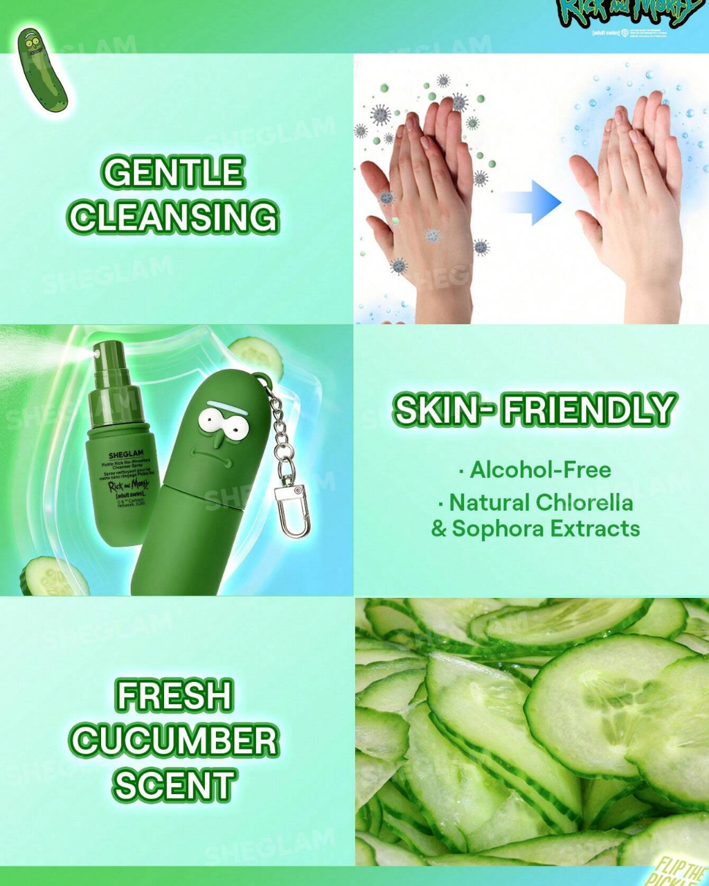 Rick and Morty X SHEGLAM Pickle Rick No-Rinse Hand Cleanser Spray
