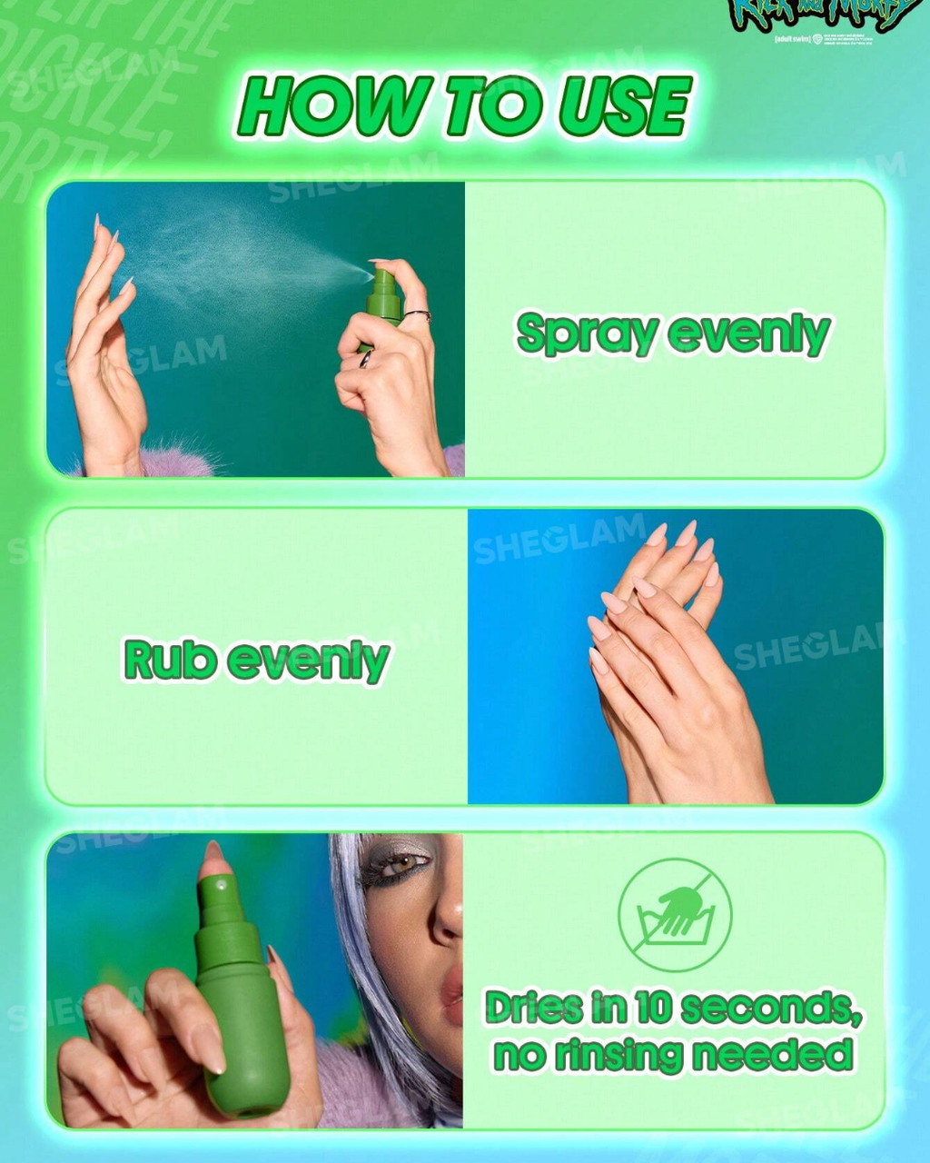 Rick and Morty X SHEGLAM Pickle Rick No-Rinse Hand Cleanser Spray