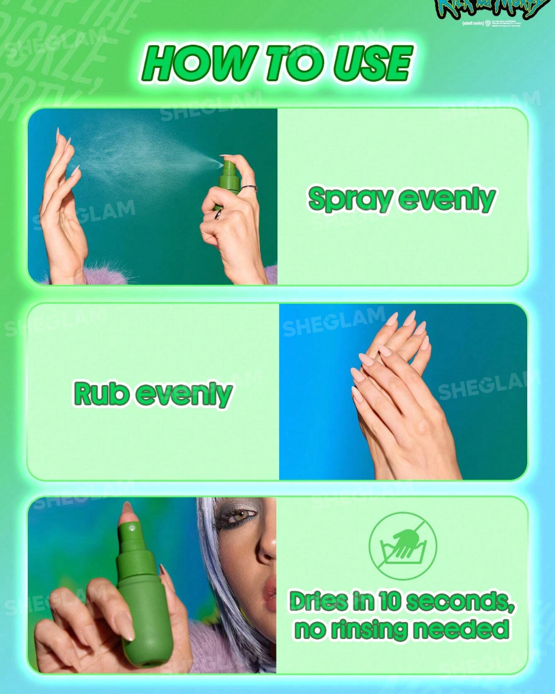 Rick and Morty X SHEGLAM Pickle Rick No-Rinse Hand Cleanser Spray
