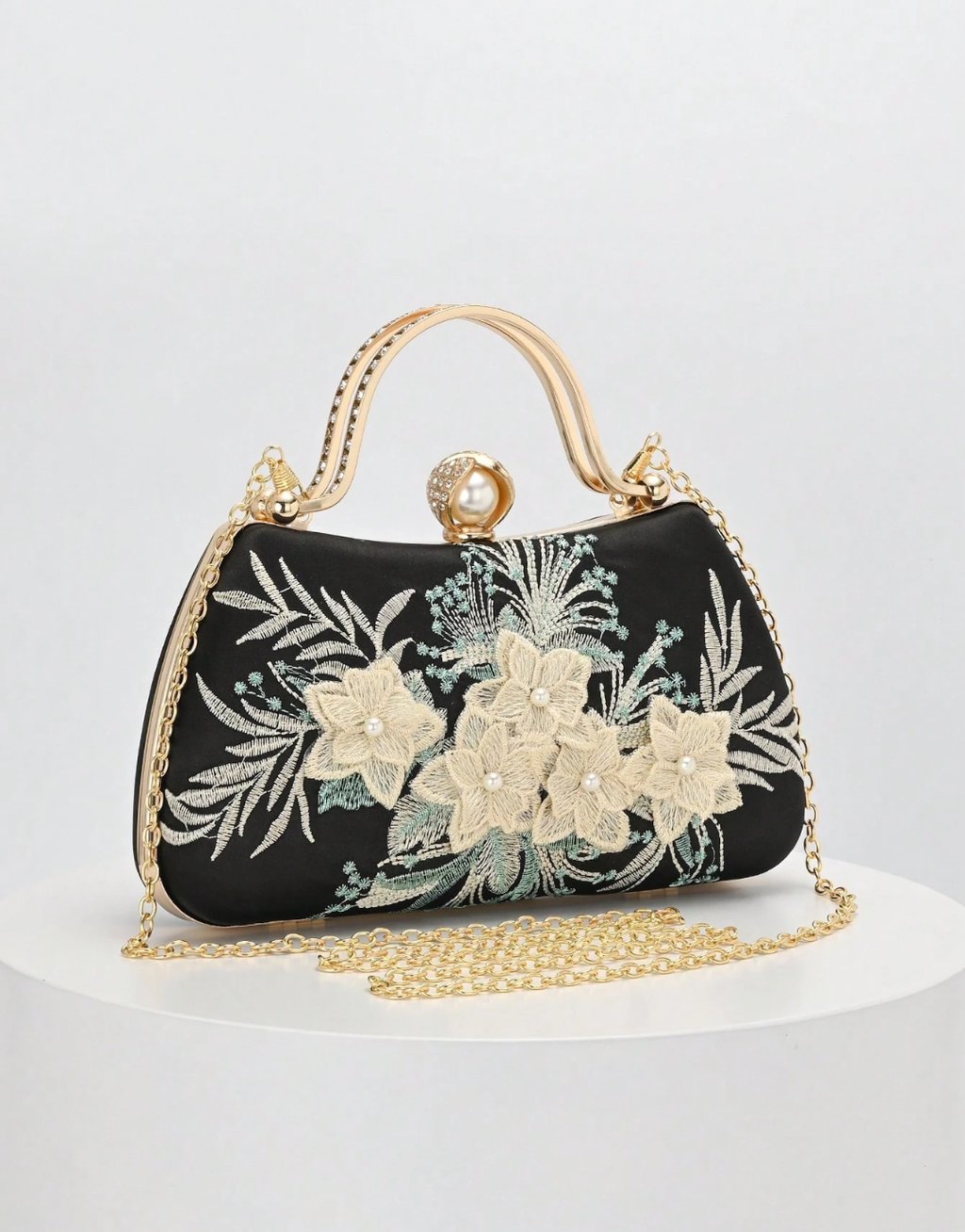 SHEIN 1pc Black Embroidered Floral Pattern Shoulder Bag, Vintage Cheongsam Bag, Fairy Clutch, Evening Bag, Bridesmaid Bag, Bridal Bag, Square Bag, Formal Bag, Pearl Clutch, Sequin Beaded Bag, Dress Bag, Chain Shoulder Bag