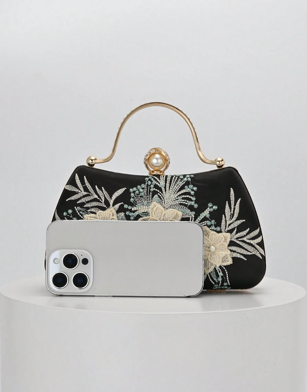 SHEIN 1pc Black Embroidered Floral Pattern Shoulder Bag, Vintage Cheongsam Bag, Fairy Clutch, Evening Bag, Bridesmaid Bag, Bridal Bag, Square Bag, Formal Bag, Pearl Clutch, Sequin Beaded Bag, Dress Bag, Chain Shoulder Bag
