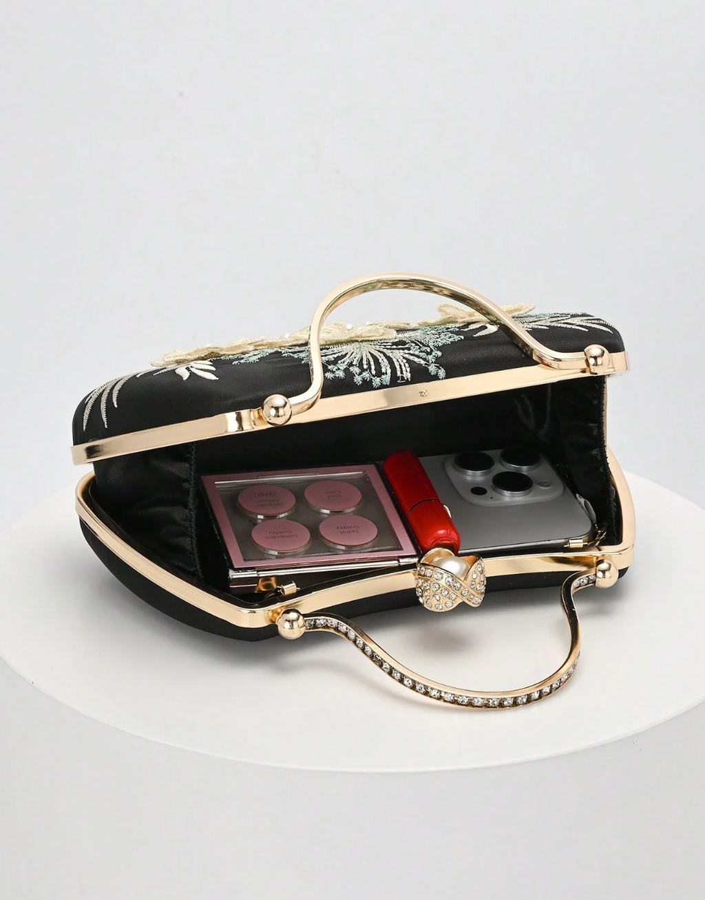 SHEIN 1pc Black Embroidered Floral Pattern Shoulder Bag, Vintage Cheongsam Bag, Fairy Clutch, Evening Bag, Bridesmaid Bag, Bridal Bag, Square Bag, Formal Bag, Pearl Clutch, Sequin Beaded Bag, Dress Bag, Chain Shoulder Bag