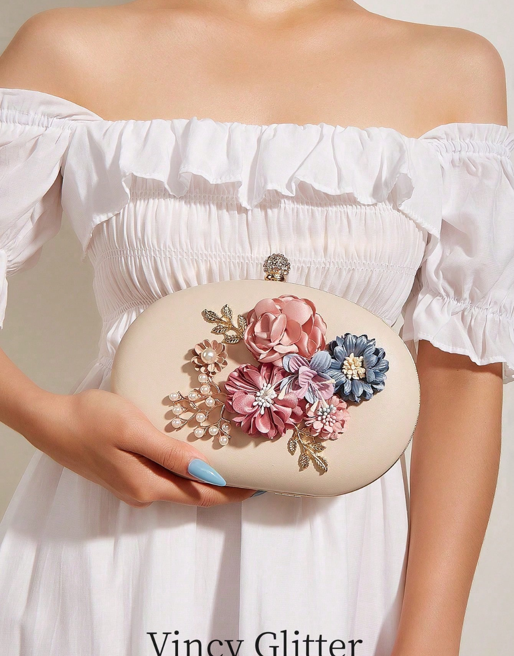 SHEIN Sweet Floral Rhinestone Decorated Egg-Shaped Evening Bag, Shoulder Crossbody Clutch Bag, Perfect For Prom Parties, Elegant Fashion Bag For Gowns And Cheongsams, Versatile Women's Bag
