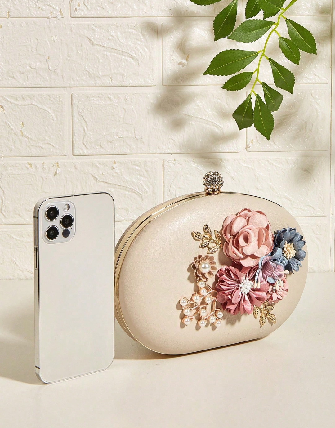 SHEIN Sweet Floral Rhinestone Decorated Egg-Shaped Evening Bag, Shoulder Crossbody Clutch Bag, Perfect For Prom Parties, Elegant Fashion Bag For Gowns And Cheongsams, Versatile Women's Bag