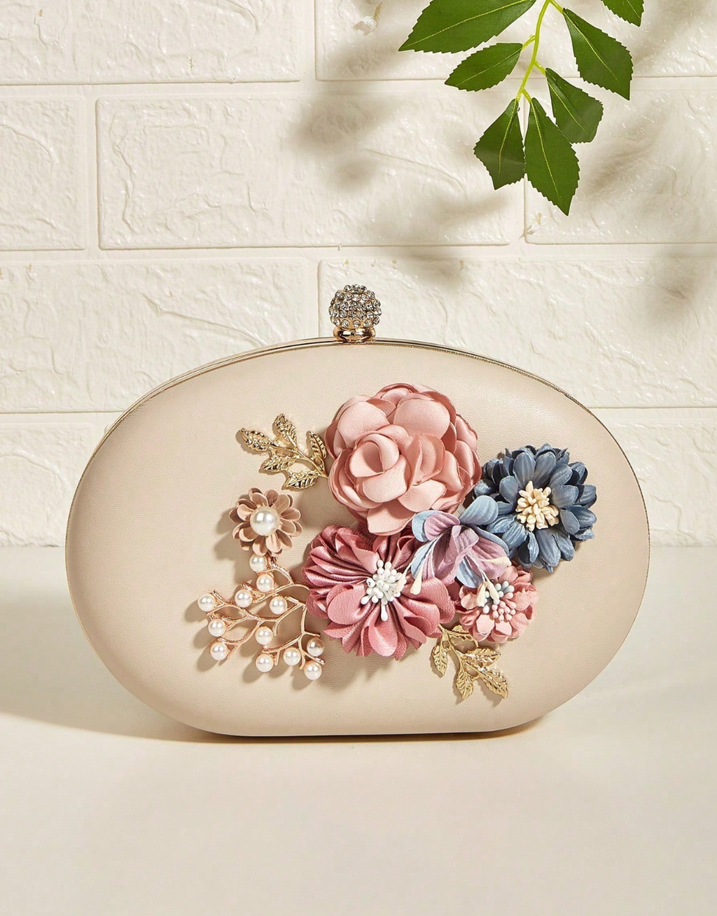 SHEIN Sweet Floral Rhinestone Decorated Egg-Shaped Evening Bag, Shoulder Crossbody Clutch Bag, Perfect For Prom Parties, Elegant Fashion Bag For Gowns And Cheongsams, Versatile Women's Bag