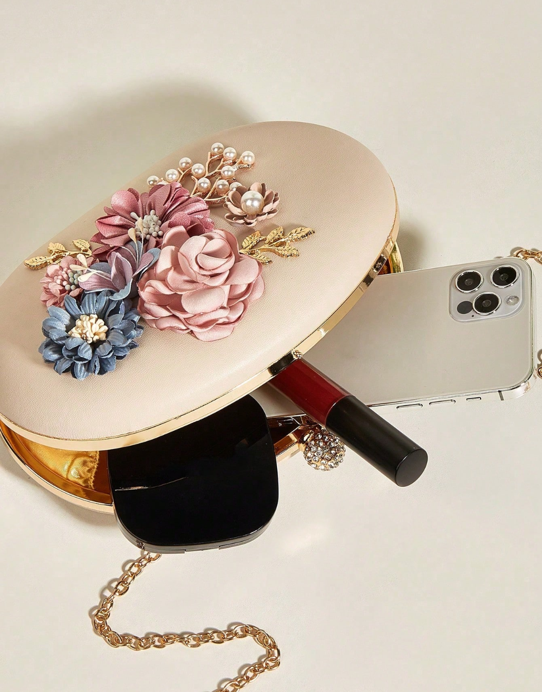 SHEIN Sweet Floral Rhinestone Decorated Egg-Shaped Evening Bag, Shoulder Crossbody Clutch Bag, Perfect For Prom Parties, Elegant Fashion Bag For Gowns And Cheongsams, Versatile Women's Bag
