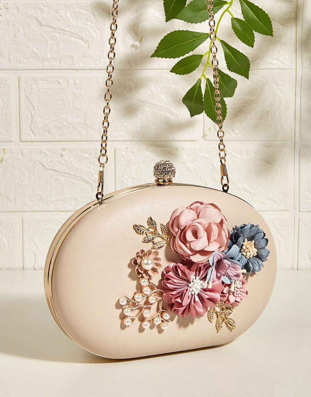 SHEIN Sweet Floral Rhinestone Decorated Egg-Shaped Evening Bag, Shoulder Crossbody Clutch Bag, Perfect For Prom Parties, Elegant Fashion Bag For Gowns And Cheongsams, Versatile Women's Bag