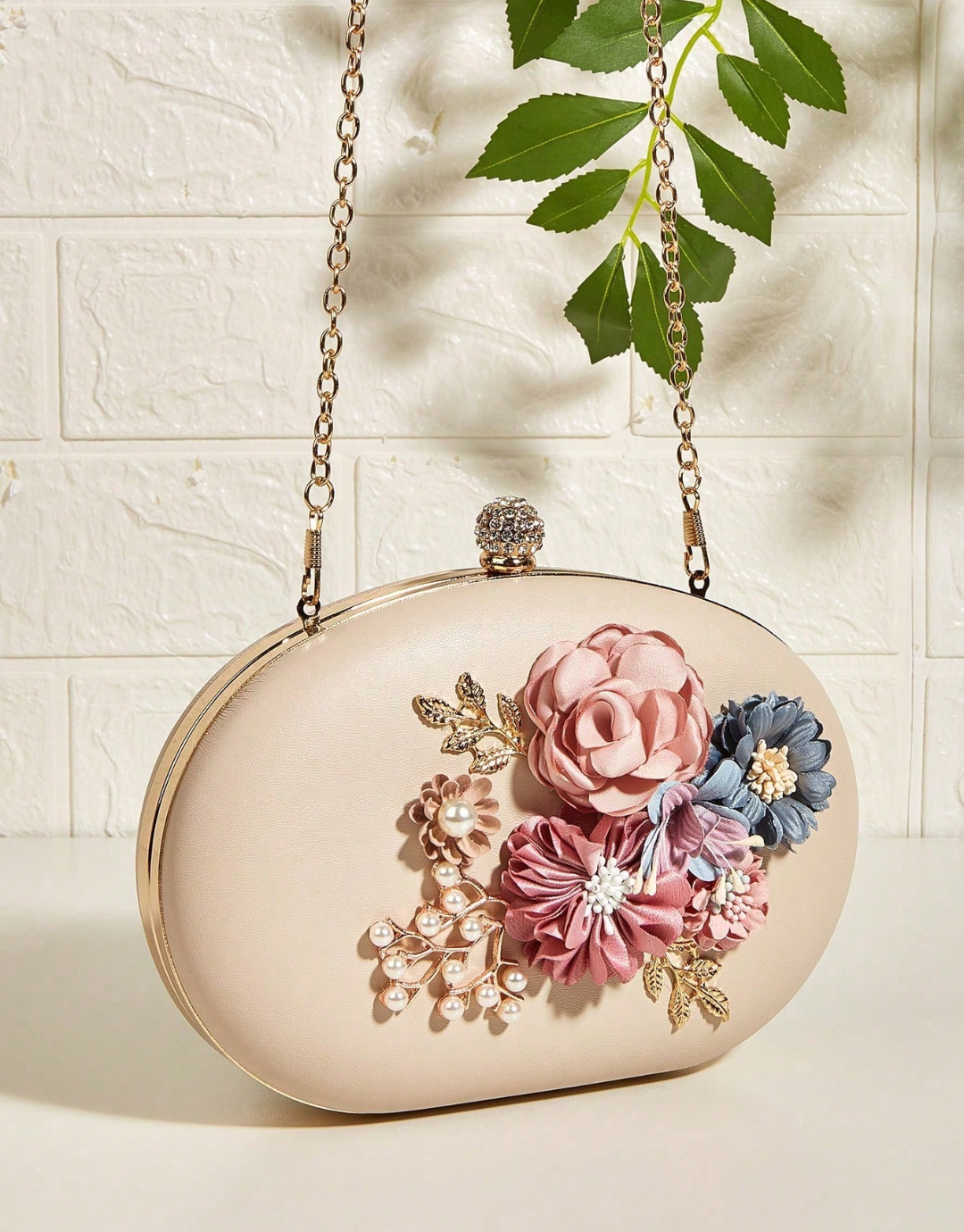 SHEIN Sweet Floral Rhinestone Decorated Egg-Shaped Evening Bag, Shoulder Crossbody Clutch Bag, Perfect For Prom Parties, Elegant Fashion Bag For Gowns And Cheongsams, Versatile Women's Bag