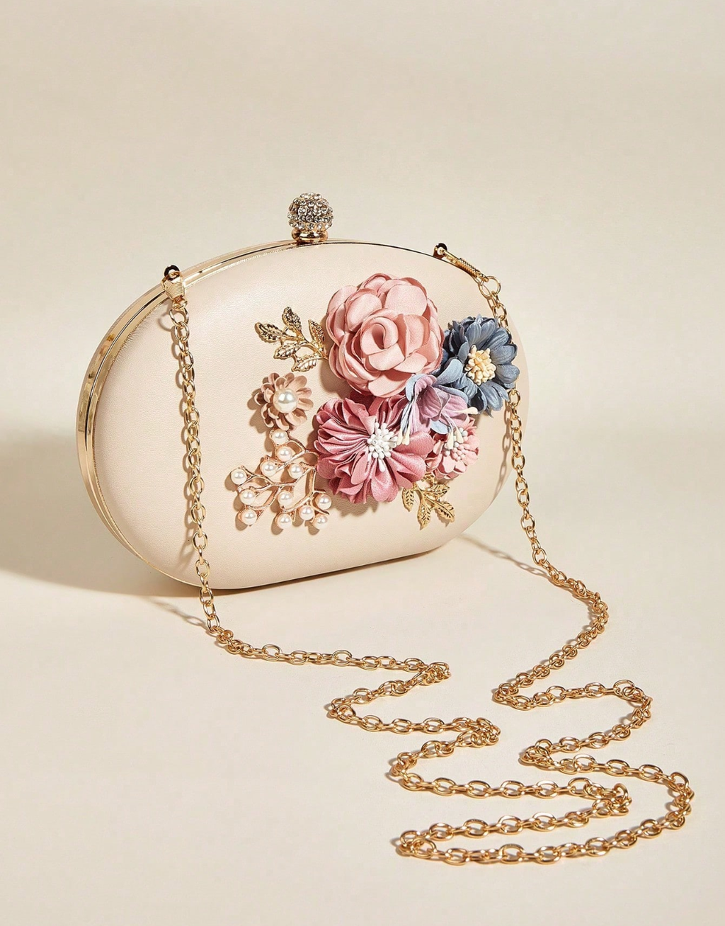 SHEIN Sweet Floral Rhinestone Decorated Egg-Shaped Evening Bag, Shoulder Crossbody Clutch Bag, Perfect For Prom Parties, Elegant Fashion Bag For Gowns And Cheongsams, Versatile Women's Bag